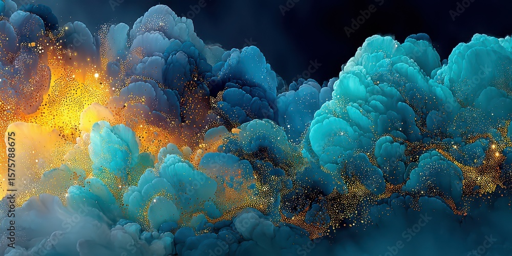 Poster colorful abstract waves of blue and gold illuminate the dark background with dynamic fluid movement 