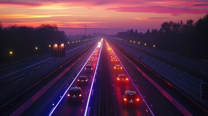 Highway traffic at sunset.