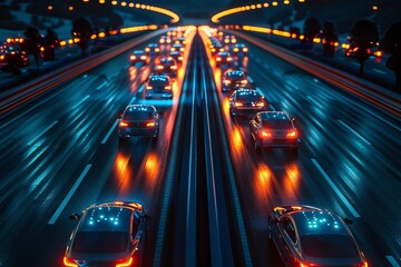 Night highway traffic jam with cars' taillights.