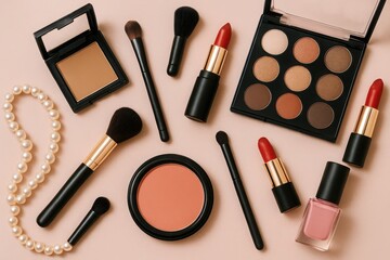 Elegant makeup collection with lipsticks, brushes, and pearls on a pink background