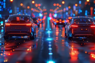 Night city traffic, two cars driving on a wet road.