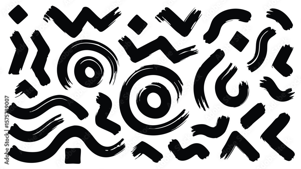 Poster black brush strokes and geometric shapes on a white background creating a bold and modern design ele