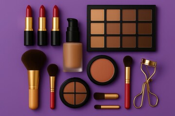 A flat lay of makeup essentials including lipsticks, foundation, and brushes