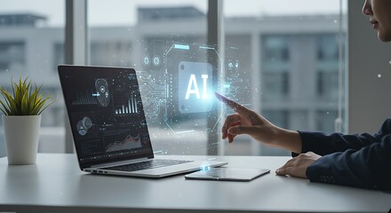 AI Interface A person interacting with an AI hologram on a laptop screen, showcasing innovative technology and futuristic digital interaction.