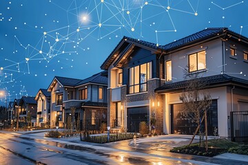 Smart homes at night, connected network.
