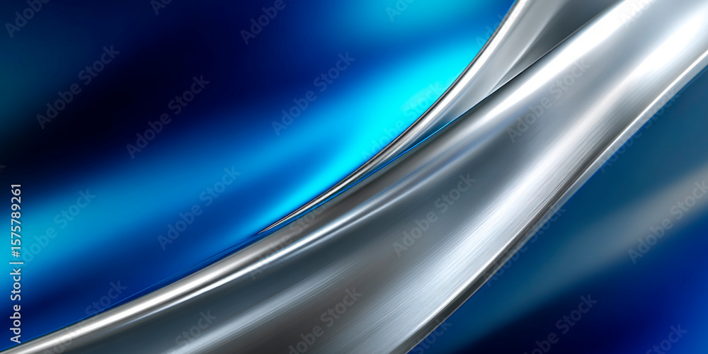 Poster abstract metallic curve in polished silver against a glowing blue background with smooth gradients a