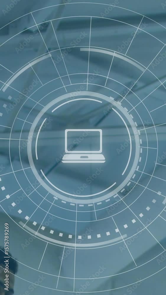 Poster animation of computer icon in circles, diverse coworkers talking while moving down steps in office