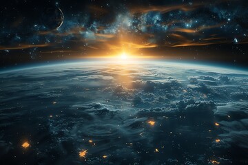 Earthrise sunrise with nebula and stars.