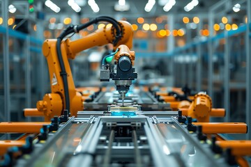 Automated robotic arm assembling parts on factory production line.