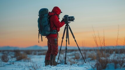 Fototapeta premium Photographer in winter attire capturing landscape with camera on tripod during sunset