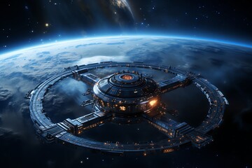 Futuristic space station orbiting Earth.