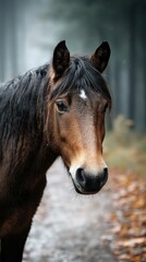 Obraz premium Majestic brown horse standing on a misty forest path surrounded by autumn foliage in a tranquil setting