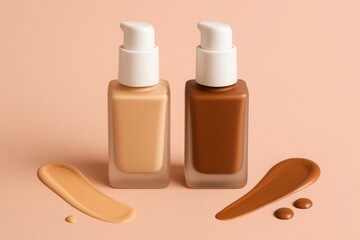 Two bottles of liquid foundation with swatches on a peach background