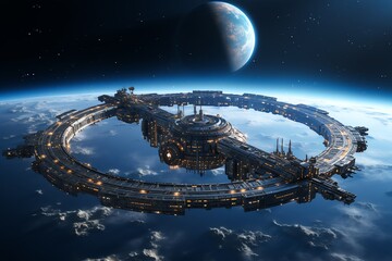 Futuristic space station orbiting a planet.