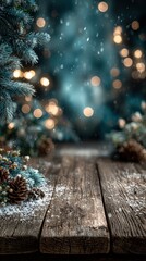 Winter wonderland with snowy branches and warm bokeh lights creating a cozy atmosphere in a forest setting during the holiday season