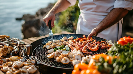 A chef skillfully grills fresh seafood including shrimp, fish, and scallops on an outdoor barbecue, showcasing culinary expertise and a delicious meal.