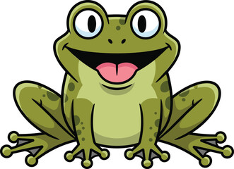 Cute cartoon frog smiling happily, funny green amphibian with big eyes, sitting pose, cheerful character illustration, animal clipart, vector art