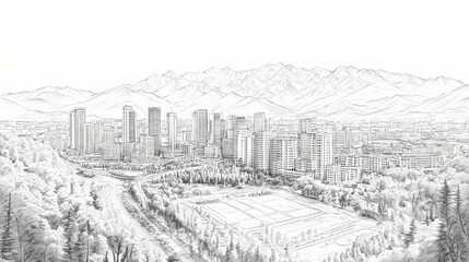 Fototapeta premium Urban landscape sketch with mountains in the background.