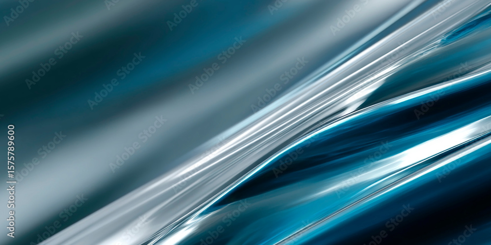 Poster glossy abstract composition of flowing silver and blue curves with smooth reflections and dynamic mo