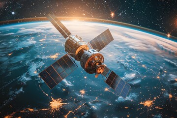 Satellite orbiting Earth at sunrise, showing city lights and solar panels.