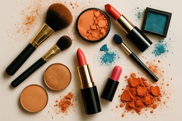 Vibrant makeup products scattered with loose powder on a white background