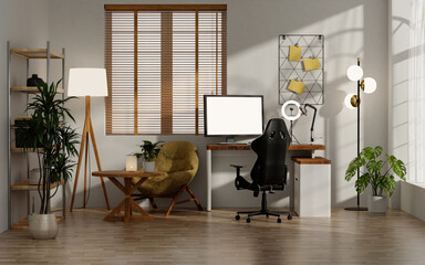 Streaming room design with modern elements and cozy atmosphere. 3D render illustration