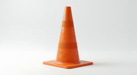 A bright orange traffic cone, used for safety and warnings, stands upright and isolated on a pristine white background.

