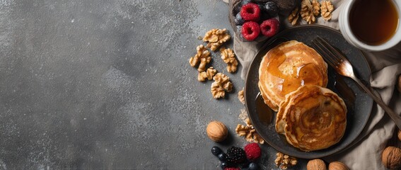 an empty plate with pancakes on the left, and there is still space for your text or product in front of it