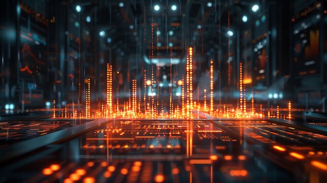 Futuristic digital cityscape with glowing orange data streams.
