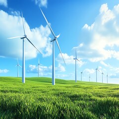 Wind turbines in a green field under a blue sky.