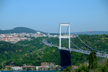 Fatih Sultan Mehmet Bridge, the second bridge across the Bosphorus. Bridge pier. Traffic flow on...