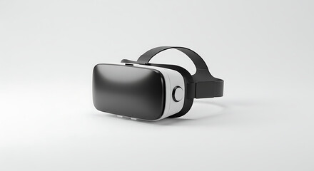 A modern black and white virtual reality headset or VR goggles, isolated cleanly on a pristine white background, representing technology and immersive experiences.
