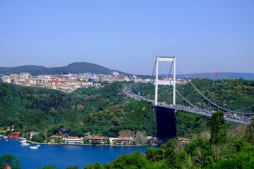 Fatih Sultan Mehmet Bridge, the second bridge across the Bosphorus. Bridge pier. Traffic flow on...