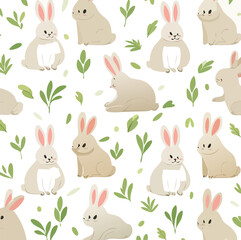 Obraz premium Repeating pattern of white rabbits in pastel background with leafs