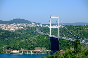 Fatih Sultan Mehmet Bridge, the second bridge across the Bosphorus. Bridge pier. Traffic flow on...