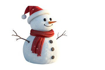 Charming snowman wearing a red santa hat and scarf with twig arms and button eyes smiles happily