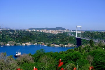 Fatih Sultan Mehmet Bridge, the second bridge across the Bosphorus. Bridge pier. Traffic flow on...