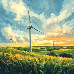 Wind turbines in a field at sunset.