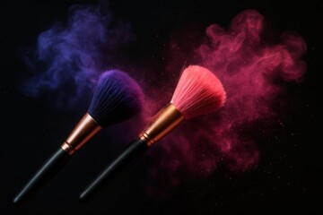 Two makeup brushes with colorful powder exploding around them