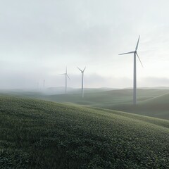 Misty morning landscape with wind turbines on rolling green hills.