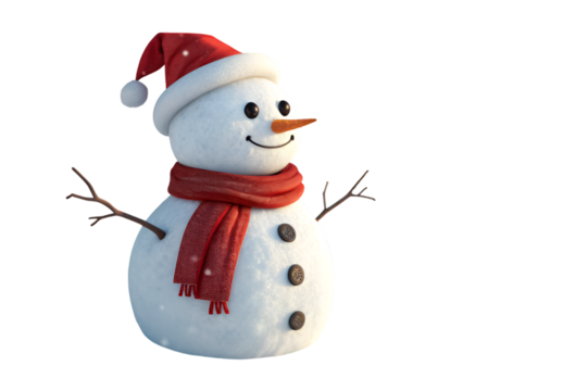 Charming snowman wearing a red santa hat and scarf with twig arms and button eyes smiles happily