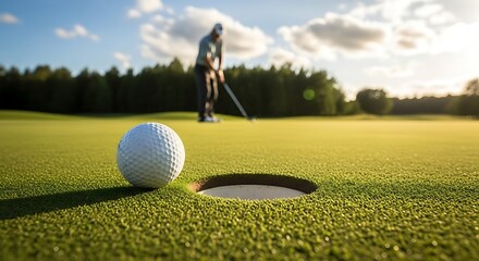 Playing Golf on Green Course with Ball Close to Hole
