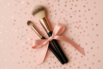 Two makeup brushes tied with a pink ribbon on a sparkling background