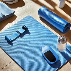 Blue yoga mat, fitness tracker, water bottle, and clothing.