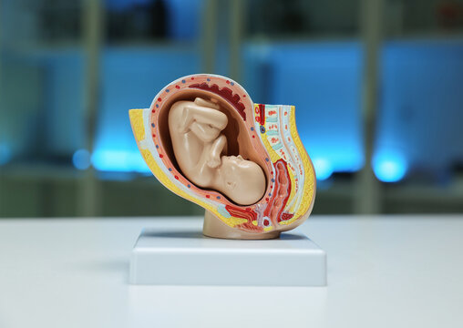 A detailed anatomical model illustrating the various stages of fetal development that takes place in the uterus