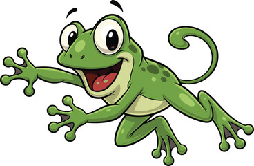 Happy cartoon green frog jumping with big eyes and wide smile, playful amphibian character, kids animal mascot, jungle fun illustration