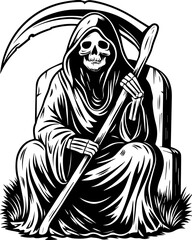 SVG of a female grim reaper with a haunting skull design. Grim Reaper Sitting on Tombstone with Scythe and Skull Face