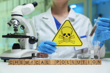 A diligent scientist studies samples reflecting the major effects of chemical pollution in a lab...