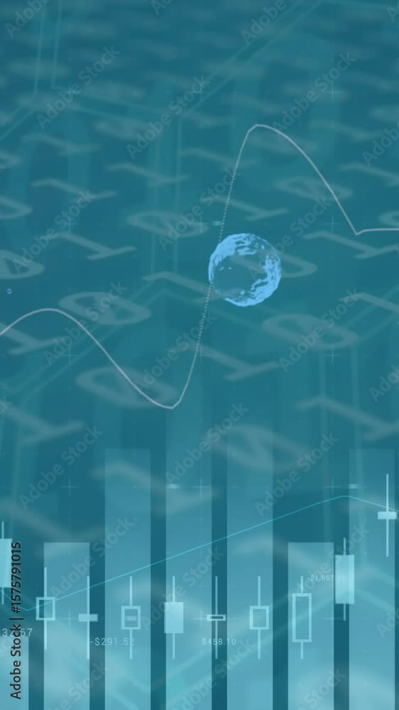 Poster animation of multiple graphs over globes against binary codes on blue background