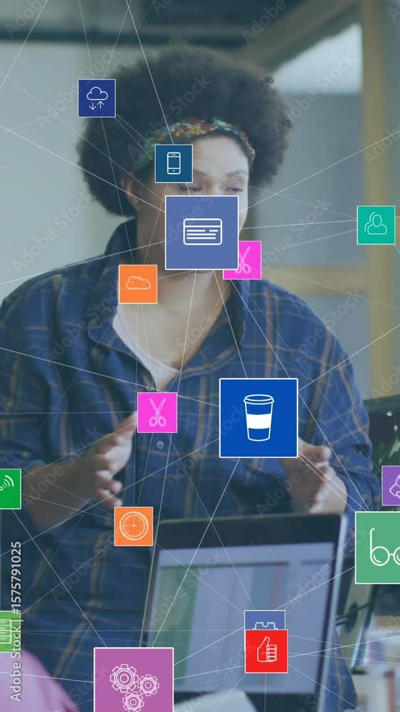 Poster animation of network of digital icons over team of diverse colleagues discussing together at office